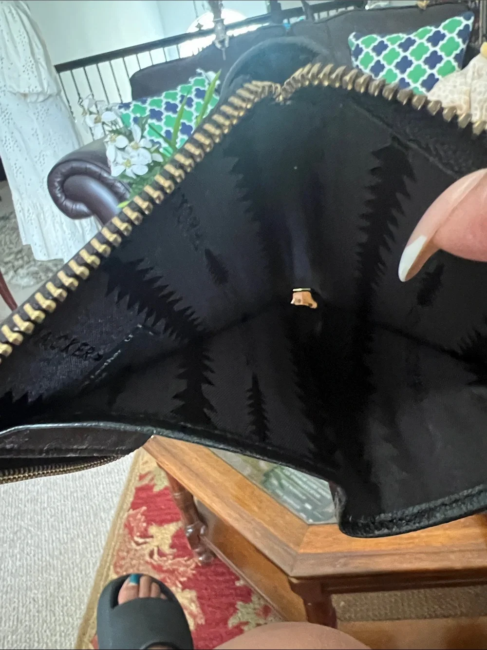 Thacker, Black Leather Zip Wallet with Golden Accent